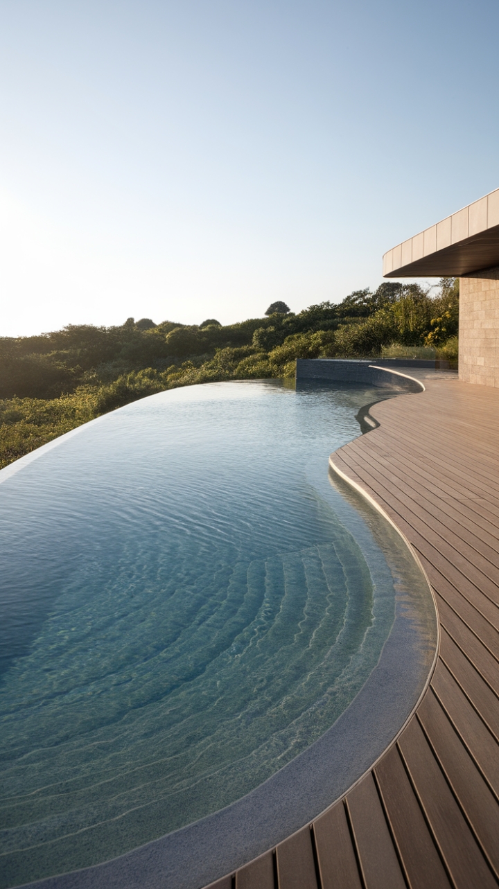 With its elegant, modern lines and a gentle curve that mirrors the natural landscape, this outdoor pool is a masterpiece of contemporary design. The stylish wooden slat deck wraps around the water, creating an inviting space that blurs the boundaries between indoor and outdoor living. Surrounded by vibrant greenery, this luxurious oasis offers a serene escape, where the beauty of nature and sophisticated design come together in perfect harmony.