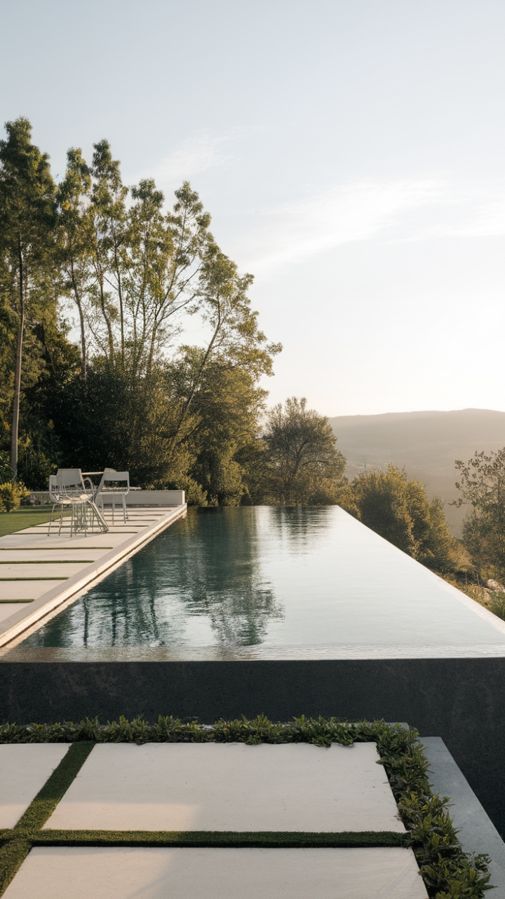 Indulge in the serenity of this minimalist oasis. A dark grey infinity pool, seamlessly blending with the breathtaking mountain vista, beckons relaxation. Clean lines, white concrete, and lush greenery create a sanctuary of sophisticated outdoor living. The perfect escape awaits.