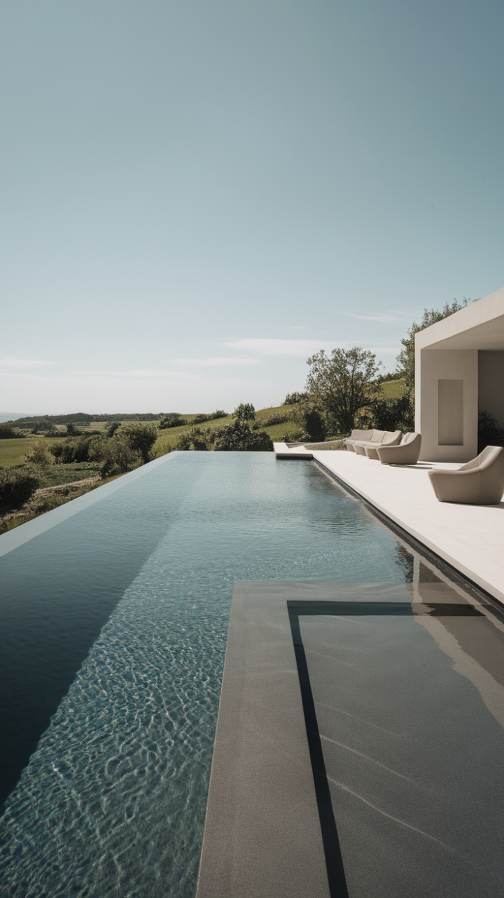 Indulge in the breathtaking allure of this minimalist infinity pool, where sleek dark grey surfaces meet a boundless horizon. The crisp white border and modern furnishings create a sophisticated oasis, perfect for tranquil relaxation amidst lush greenery. The seamless blend of architecture and nature offers an unparalleled escape.