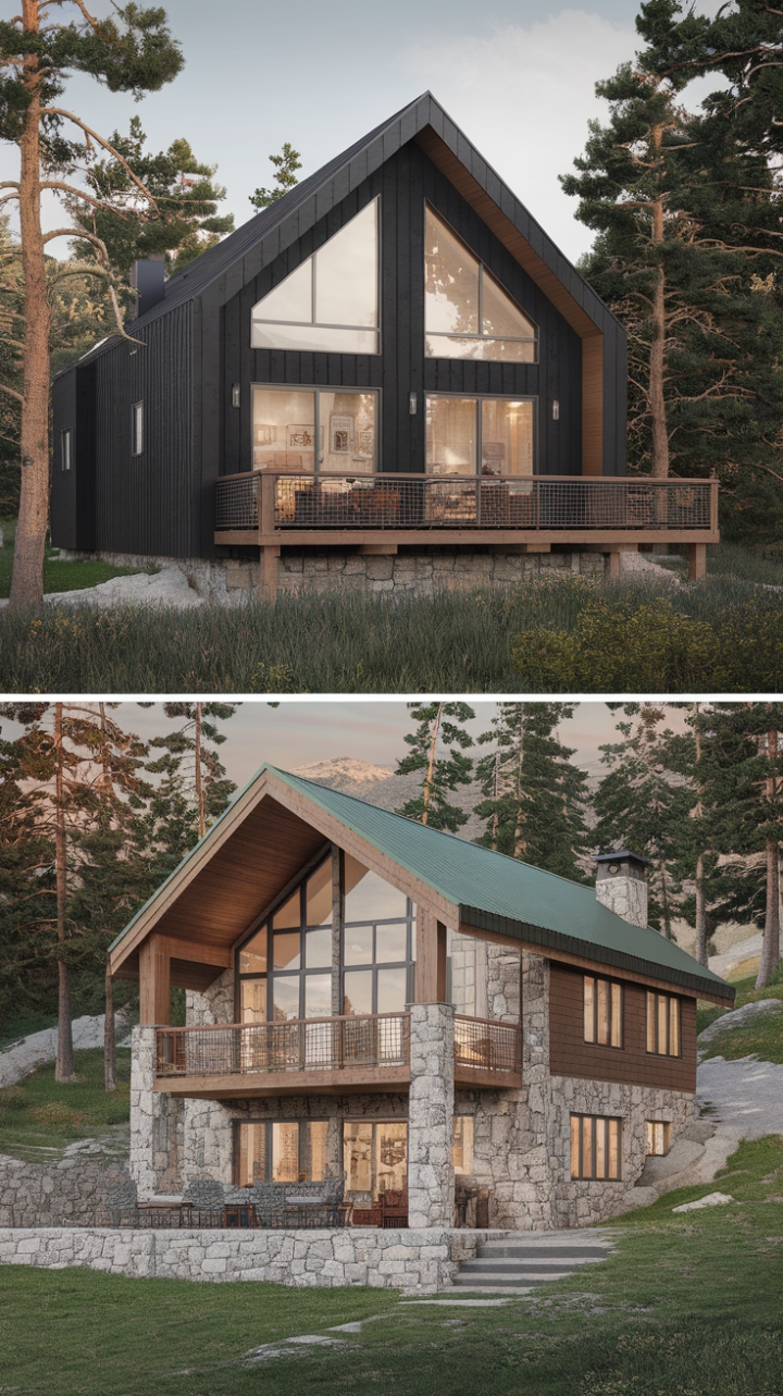 Imagine waking to this view: two architectural masterpieces nestled amongst towering pines, each boasting unique textures and a captivating interplay of light and shadow. A testament to the beauty of blending rustic elements with contemporary lines in a truly idyllic setting.
