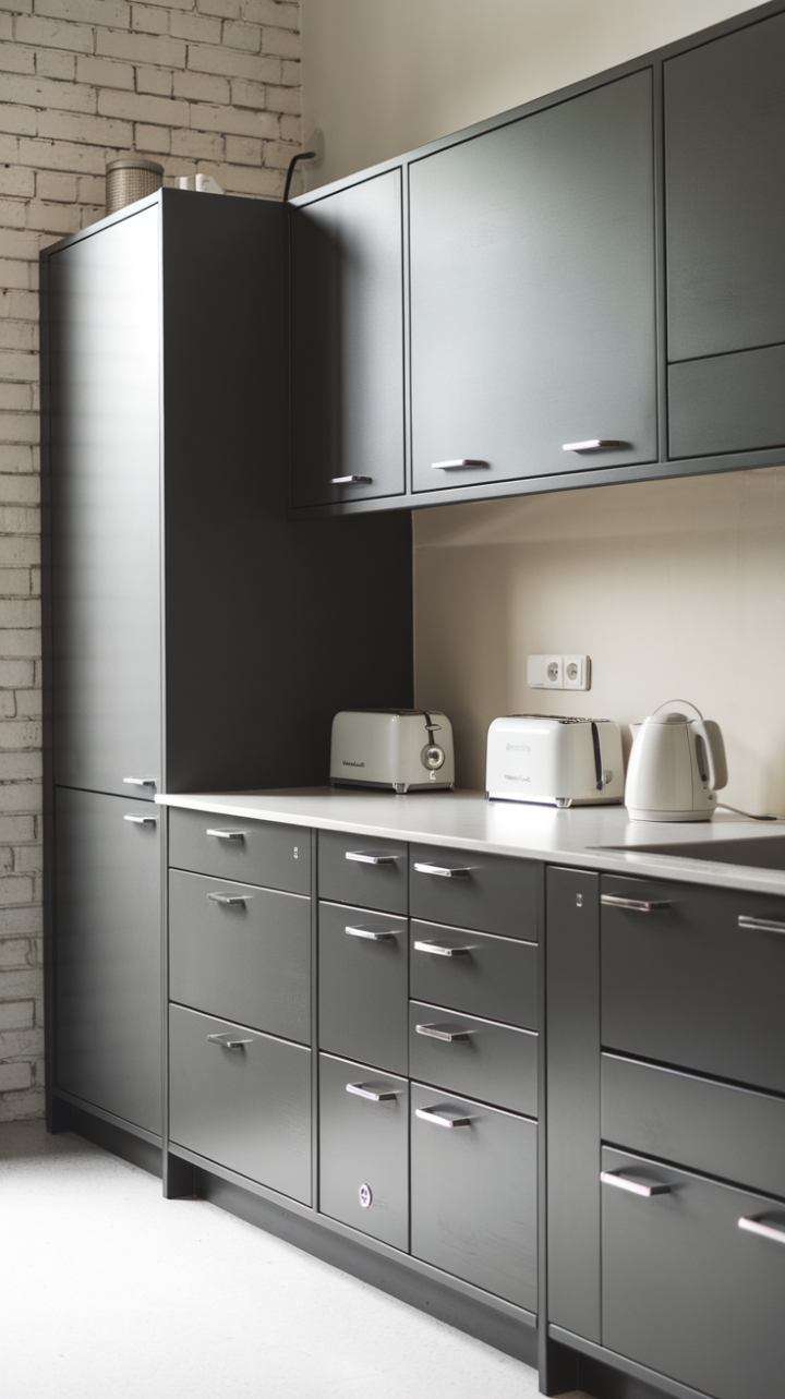 Indulge in the sophisticated simplicity of this modern kitchen. Dark gray minimalist cabinetry contrasts beautifully with the crisp white countertop and exposed brick backdrop, creating a space that's both stylish and functional. The subtle pops of white from the appliances add a touch of brightness, perfectly complementing the sleek design.