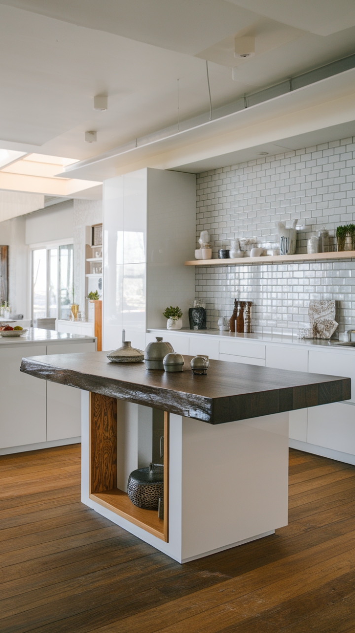 This stunning modern kitchen embodies the perfect blend of style and functionality, showcasing an open-concept design that invites both culinary creativity and social gatherings. The centerpiece is a sleek kitchen island adorned with a rich dark wooden countertop, accented by carefully curated decorative items that add a touch of personality. Surrounding the island, pristine white cabinets and a chic grey tile backsplash create a crisp, clean aesthetic, while the stylish kitchen countertops enhance the contemporary vibe. The warm wooden planks underfoot provide a cozy contrast, making this space not just a kitchen, but a true heart of the home.