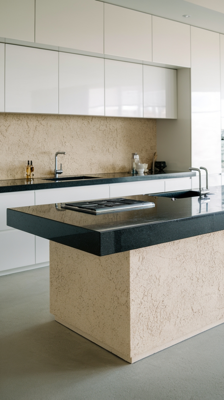 This contemporary kitchen exudes sophistication with its striking contrast of sleek black granite countertops and crisp white cabinetry, creating a harmonious balance between modern elegance and functionality. The centerpiece, a stylish kitchen island, boasts a built-in burner and sink, making it the perfect hub for culinary creativity. Textured beige backsplash adds warmth and depth, while the light gray concrete floor grounds the space with a touch of industrial chic, inviting both casual gatherings and gourmet adventures.