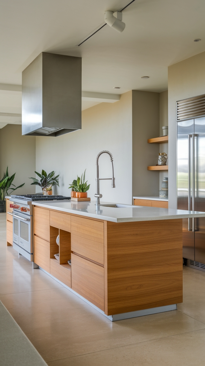 Modern minimalism meets culinary artistry. A pristine white island anchors this sophisticated kitchen, its integrated sink and faucet a testament to seamless design. Neutral tones and strategic pops of greenery complete this picture of understated elegance.
