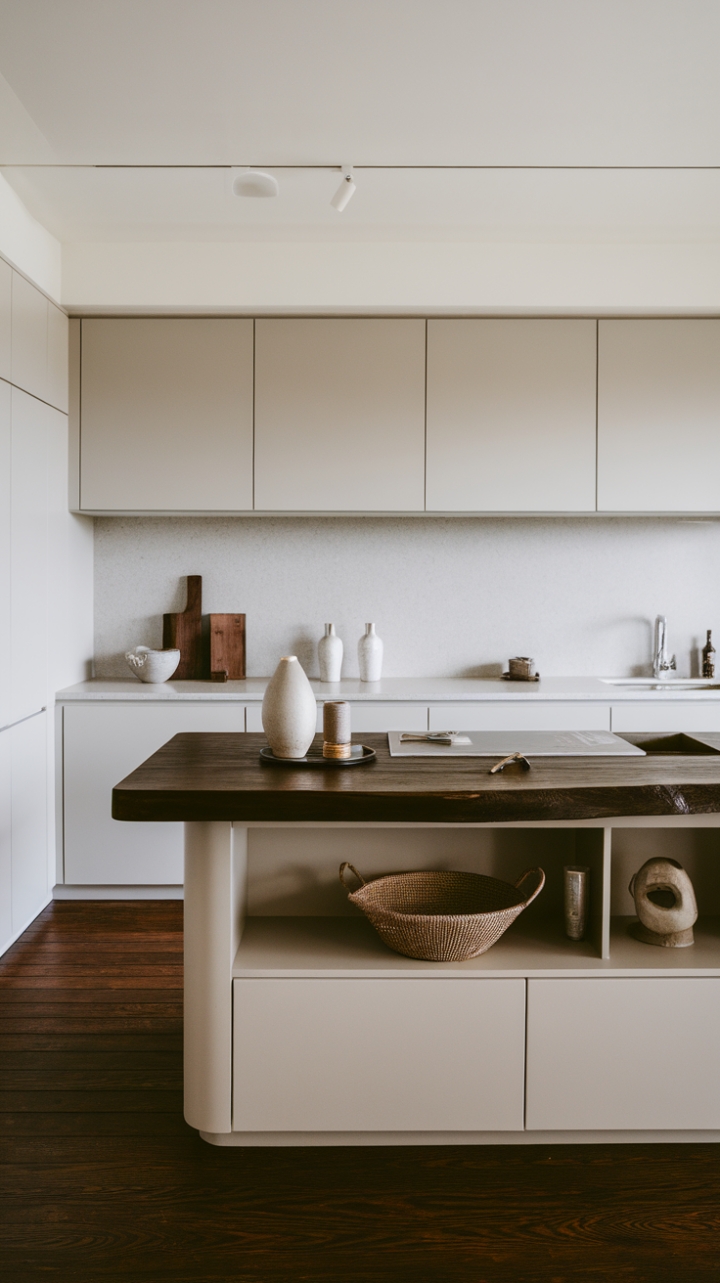 A stunning blend of form and function, this contemporary kitchen features a sleek island with a dark wooden countertop that draws the eye, adorned with tasteful decor like a vase and a basket for a touch of charm. The bright white cabinets and subtle light gray backsplash create a fresh and airy atmosphere, while the rich dark wooden flooring adds depth and warmth. This minimalist design not only enhances the aesthetic appeal but also provides a practical workspace, making it an ideal setting for both cooking and entertaining.