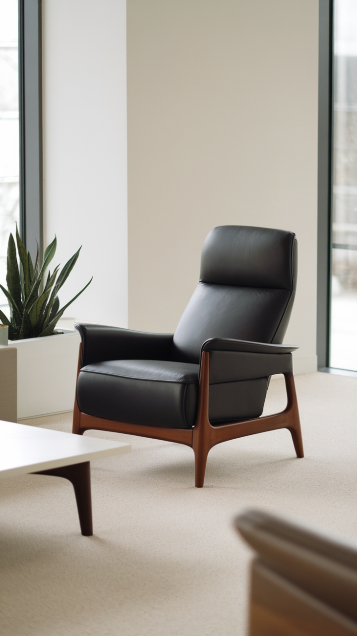 This contemporary recliner embodies the perfect blend of style and comfort, featuring a sleek black leather upholstery that exudes sophistication, complemented by a warm wooden frame. Nestled in a modern living space adorned with crisp white walls and bathed in natural light from a large window, it creates an inviting atmosphere. The minimalist design is beautifully accented by a chic white coffee table and a vibrant potted plant, while the soft beige carpet adds a touch of warmth, making this corner a serene retreat for relaxation and leisure.