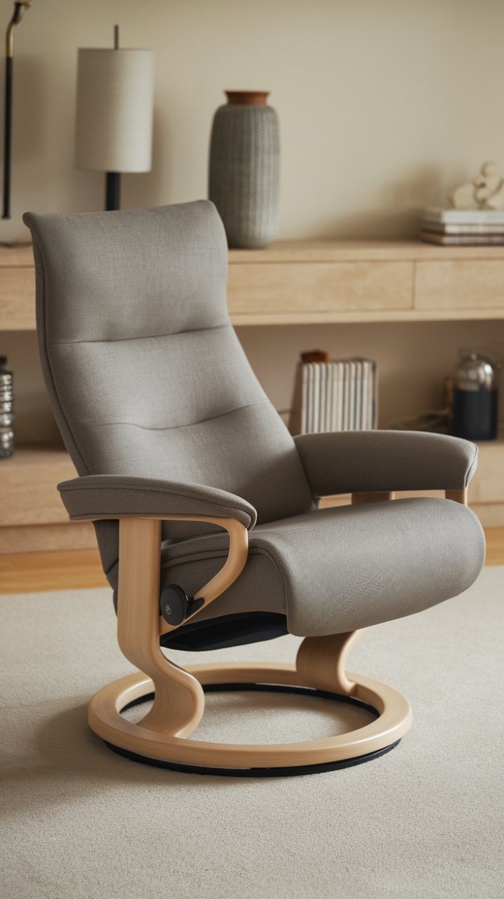 This stunning ergonomic recliner embodies the essence of minimalist design, showcasing a harmonious blend of comfort and style. Upholstered in a soft grey fabric, it invites relaxation while its elegant beige wooden frame adds a touch of warmth to the space. Nestled on a plush beige carpet, the recliner creates a cozy nook in the room, complemented by tasteful decorative items and a stylish lamp that enhance the inviting atmosphere. It's the perfect spot to unwind and enjoy a moment of tranquility.