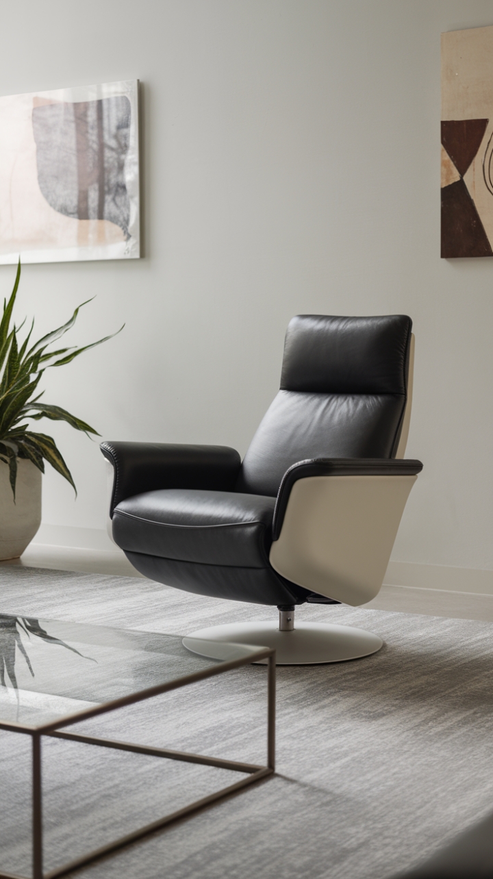 In this chic modern living room, a sleek minimalist recliner commands attention with its striking black leather exterior and crisp white base, embodying the essence of contemporary design. Positioned gracefully beside a large rectangular glass coffee table, it invites relaxation while a lush potted plant adds a touch of nature to the space. The pristine white wall behind showcases curated artworks that enhance the room's artistic flair, while the soft grey rug underfoot ties the entire aesthetic together, creating a harmonious blend of comfort and style.