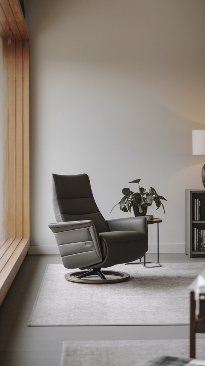 This contemporary living area showcases a striking dark grey recliner, defined by its sharp angles and modern aesthetic, perfectly positioned on a plush light grey rug. The bright white wall behind it amplifies the room's spacious feel, while the large window dressed with wooden blinds invites soft, natural light to dance across the space. A charming side table with a flourishing potted plant complements the recliner, and the thoughtfully arranged furniture, including a sleek lamp and an organized bookshelf, creates a harmonious balance of style and functionality, making this minimalist haven a true sanctuary for modern living.