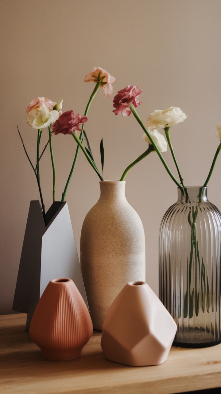 This modern home decor scene is a celebration of form and function, where a trio of contemporary vases showcases the beauty of simplicity. The sleek geometric designs stand tall on a warm wooden surface, while textured ceramic vases add a tactile element, inviting touch and admiration. Curved glass vases bring an organic flow to the arrangement, each filled with fresh flowers that burst with color, creating a lively contrast against the soft beige wall. Together, they create a captivating tableau that transforms the space into a serene oasis of style and elegance.
