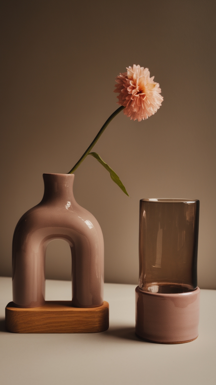 This stunning arrangement features a contemporary ceramic vase with a sleek, curved silhouette and a glossy finish, perfectly complemented by a designer glass flower holder boasting a chic cylindrical shape. The vase's wide opening invites a burst of vibrant blooms, while the wooden base adds a touch of warmth, contrasting beautifully with the modern aesthetic. Together, these artistic pieces serve as stylish home decor accessories that effortlessly enhance any space, making a bold statement of sophistication and elegance.