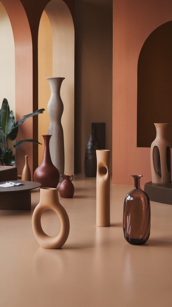 Indulge in the earthy embrace of modern minimalism. A curated collection of vases-geometric glass, curvaceous ceramic, and organically sculpted-adds a touch of artistic flair to this beige and brown haven, where comfort meets contemporary design. The subtle orange accents warm the space, creating a sanctuary of sophisticated simplicity.