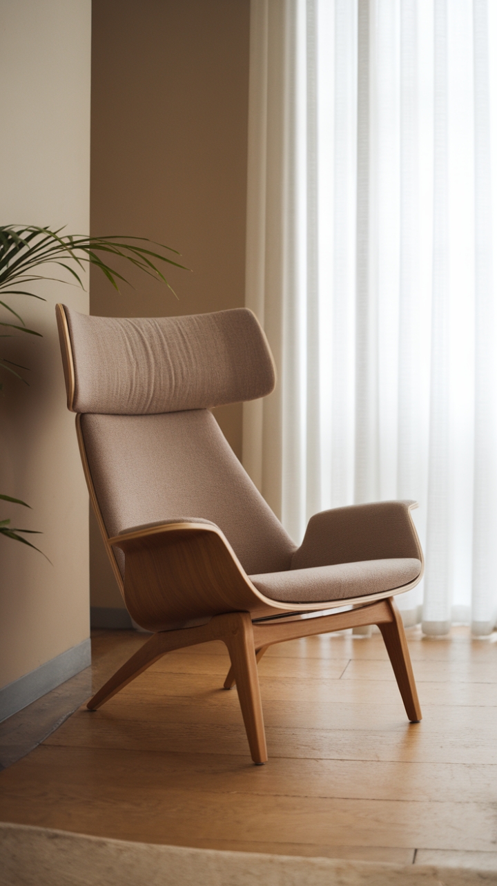 Sculptural lines meet serene comfort in this minimalist haven. A bespoke lounge chair, crafted from warm wood and plush beige fabric, anchors the space, its gentle curve inviting quiet contemplation amidst the calming beige walls and sun-drenched window. The perfect blend of form and function, this design whispers understated elegance.
