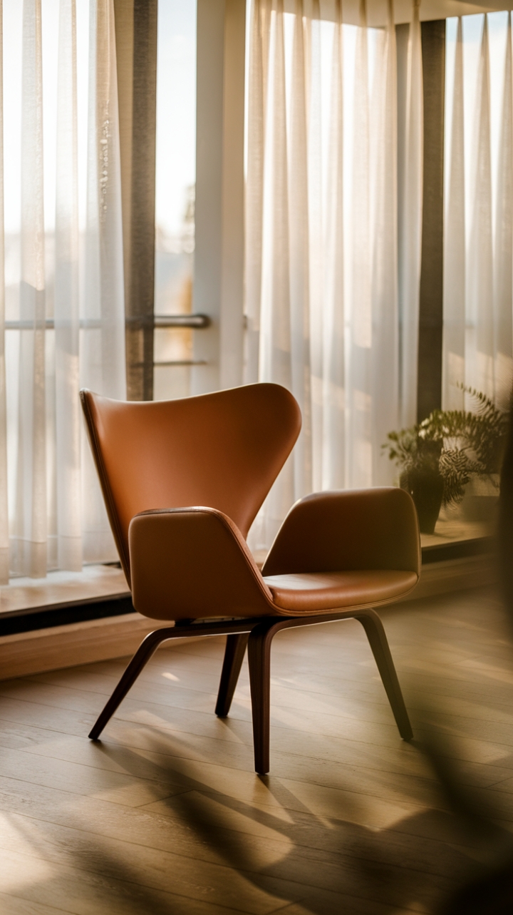 Sculptural lines and sun-drenched serenity unite in this modern living room. A sleek lounge chair, poised gracefully amidst natural light and a whisper of greenery, defines the art of relaxed sophistication.