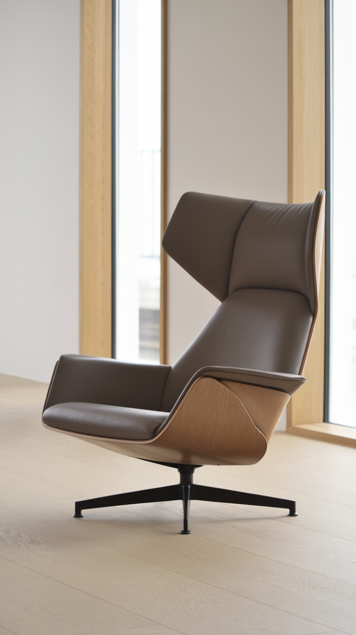 Sculptural lines meet serene simplicity in this minimalist haven. A contemporary lounge chair, a study in ergonomic elegance, commands attention against a backdrop of sun-drenched white walls and light wood floors. The perfect sanctuary for quiet contemplation.
