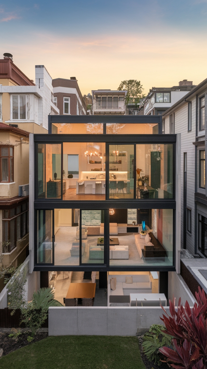 Unveiling a minimalist masterpiece: This contemporary home, bathed in natural light and boasting innovative sustainable materials, redefines urban living. The sleek open-plan design seamlessly blends indoor and outdoor spaces, offering a sophisticated sanctuary amidst a backdrop of similarly striking architecture.