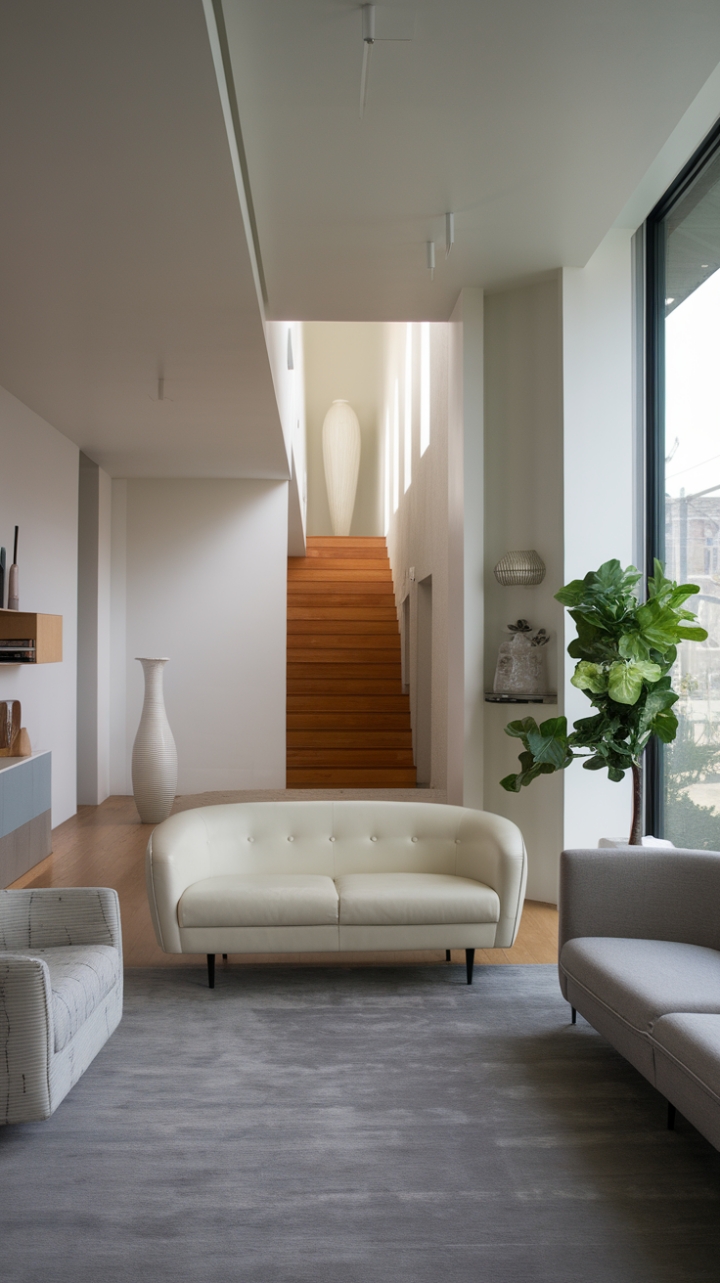 This contemporary urban residence embodies the essence of modern architecture and minimalist design, showcasing a harmonious blend of sleek interiors and open floor plans. The living room, adorned with a chic gray sofa and a crisp white loveseat, invites relaxation, while a vibrant green plant adds a refreshing touch of nature. The pristine white walls and soft gray rug create a serene backdrop, complemented by a stylish white bookshelf that frames the window, allowing natural light to flood the space. A striking wooden staircase and an elegant tall white vase in the background further enhance the sophisticated aesthetic, making this home a true sanctuary of contemporary living.