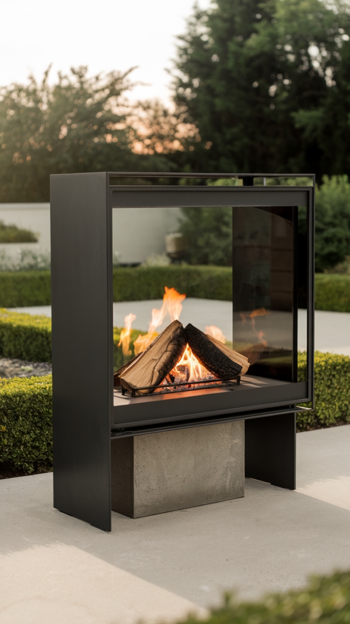 Modern fireside enchantment. A sleek black fireplace with a glass front offers a captivating focal point, perfectly complementing the serene beauty of the surrounding garden. The soft light and minimalist design create an atmosphere of refined tranquility.