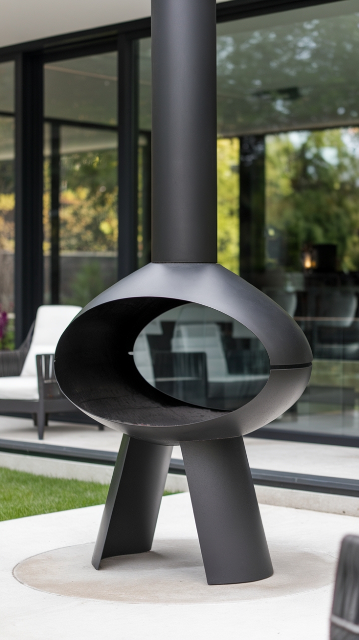Imagine balmy evenings spent beside this captivating outdoor fireplace. The circular fire pit, framed by a minimalist black metal structure, casts a mesmerizing glow against the backdrop of your modern patio. A perfect blend of form and function, it's the ultimate statement piece for al fresco entertaining.