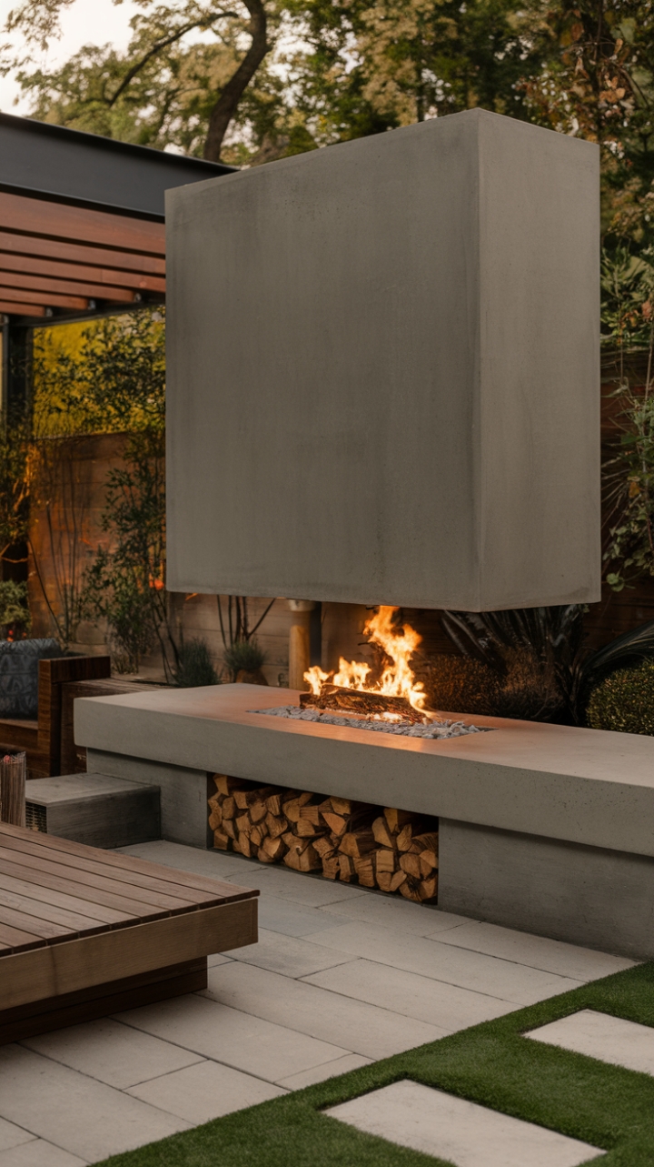 Indulge in al fresco evenings beside this minimalist concrete fireplace, its clean lines a perfect counterpoint to the lush garden backdrop. The warmth of the fire, the cool concrete, and the inviting wooden deck create an outdoor oasis of modern serenity.