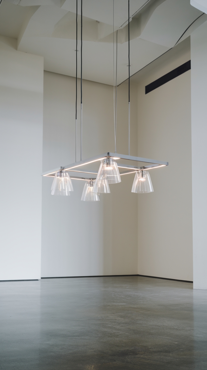 This minimalist room is transformed by a stunning contemporary pendant light, featuring a geometric design that captivates with its multiple clear glass shades. Hanging elegantly from a high ceiling, the fixture illuminates the polished concrete floor below, casting a gentle radiance that complements the pristine white walls, resulting in a space that feels both airy and sophisticated.