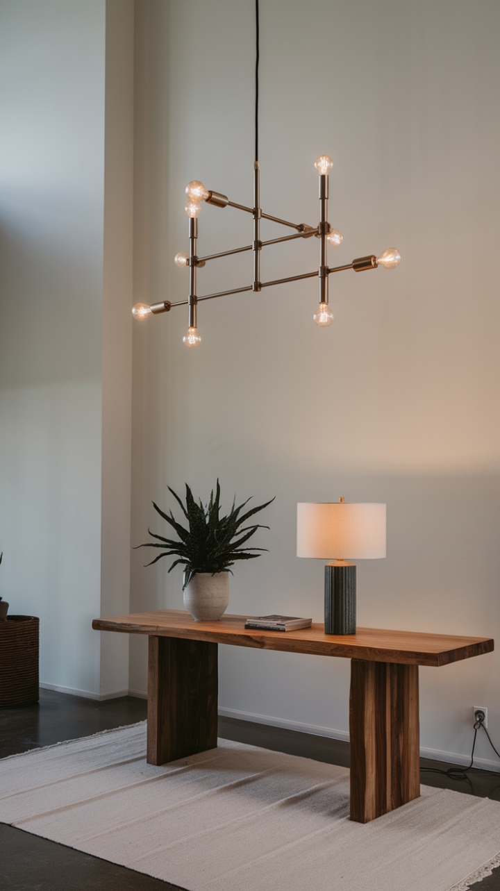 Sculptural illumination defines this minimalist haven. A constellation of bulbs dances above a serene scene of natural wood, soft greenery, and the gentle glow of a table lamp, all grounded by a crisp white rug. The clean lines and airy ambiance create a space of sophisticated calm.