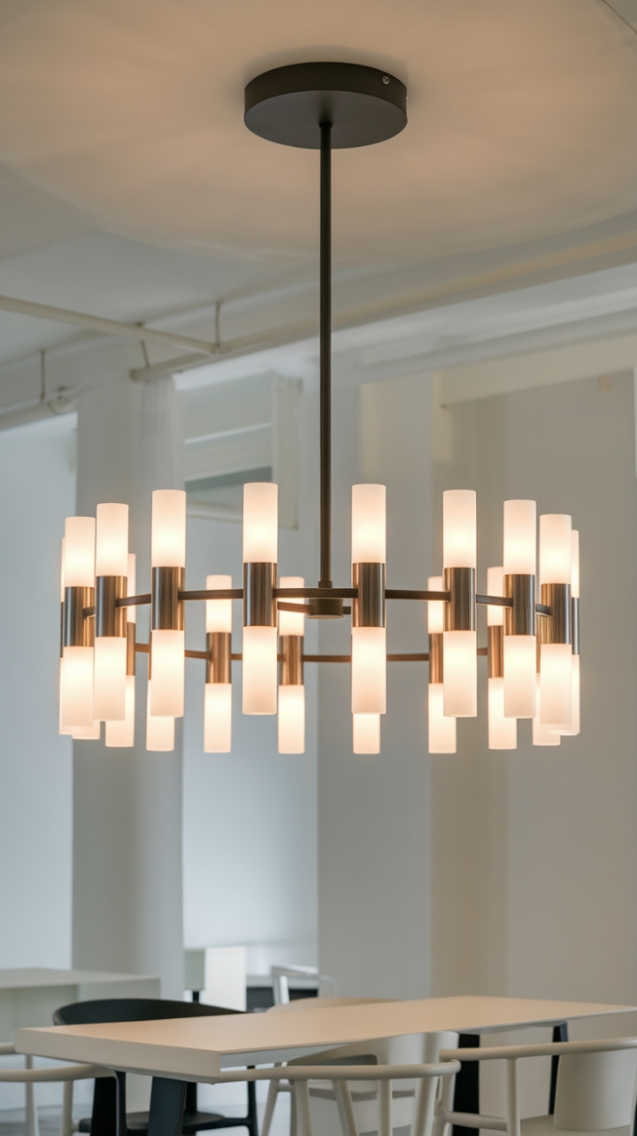Sculptural elegance meets minimalist design in this stunning cylindrical chandelier. Its semi-circular arrangement of sleek bulbs casts a captivating glow, perfect for adding a touch of modern sophistication to any dining space. The matte black finish provides a striking contrast against a white backdrop, creating a visually arresting focal point.
