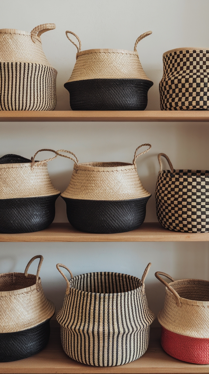 This captivating collection of contemporary baskets transforms a simple wooden shelf into a dynamic focal point, where each woven piece tells its own story through an array of colors and patterns. The varying shapes and sizes create an engaging visual rhythm, while the clean white background enhances the vibrancy of the baskets, making them not just practical storage solutions but also stunning decorative accents that infuse the room with personality and charm.