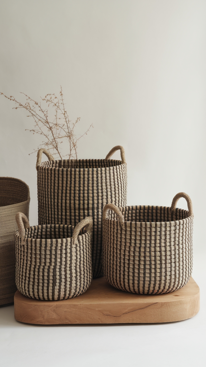 Sculptural storage meets sophisticated simplicity. These contemporary woven baskets command attention with their refined design and natural material. A chic addition to any room, they offer both practical storage and an artful display, enhancing your home's aesthetic appeal.