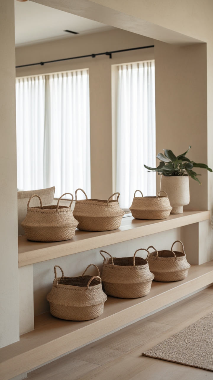 Neutral tones and simple forms unite in this exquisitely understated living room. Contemporary baskets in natural fibers add a touch of warmth and visual interest to the white shelving unit, perfectly complementing the light wood floors and sheer white curtains. A haven of quiet sophistication.