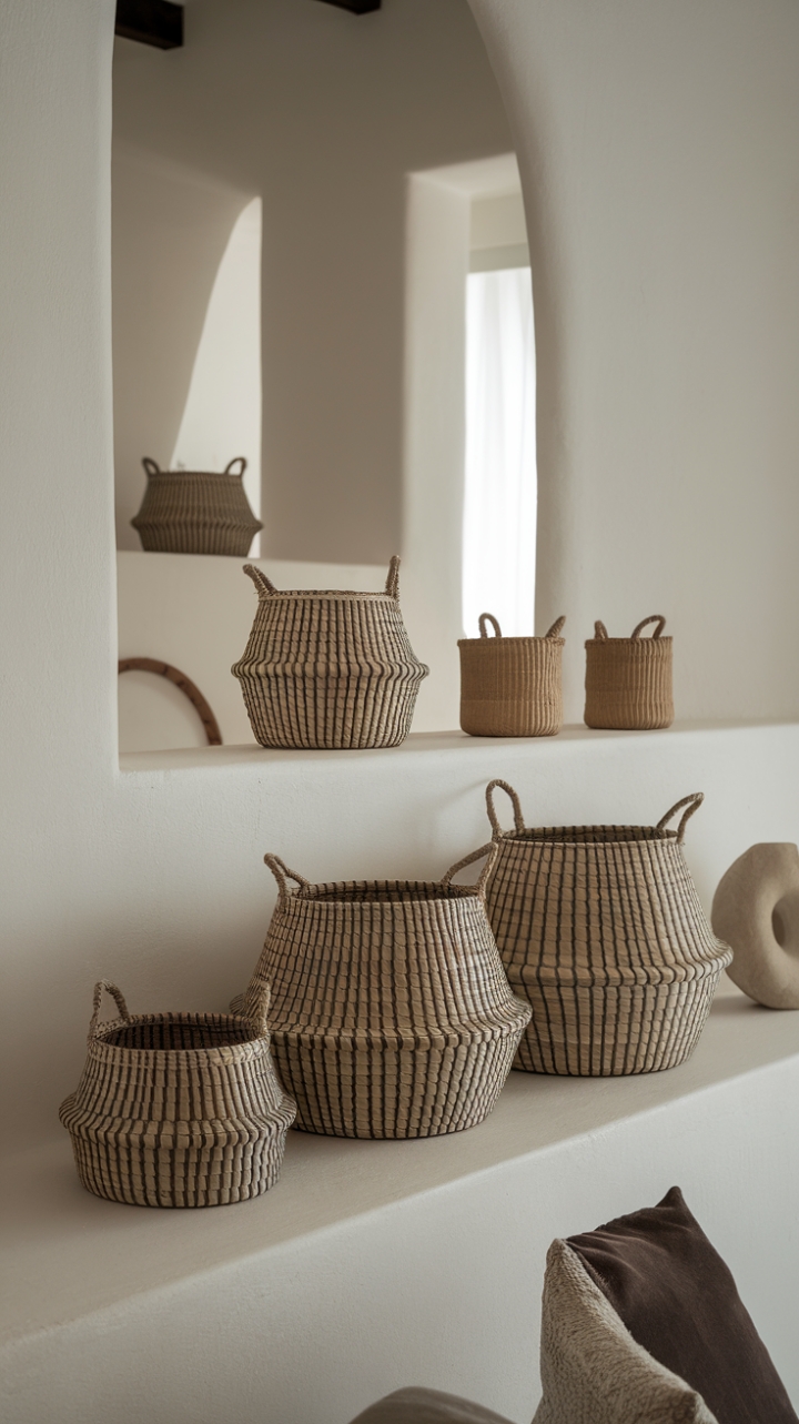 This modern sanctuary embraces minimalist aesthetics, where simplicity meets sophistication. A striking array of handcrafted baskets, varying in size and intricately woven, grace a wooden shelf, infusing the space with character and practicality. The clean lines of the furniture and the pristine white walls create a backdrop that allows these artisanal pieces to shine, transforming the room into a chic haven of organized beauty.