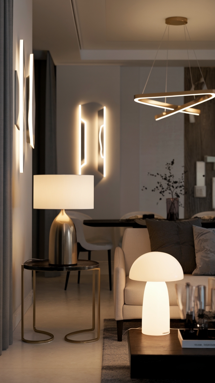 Modern Light Play: This living room transcends mere illumination; it's a curated composition of light and shadow. Innovative lighting fixtures-from minimalist lamps to a show-stopping chandelier-create an atmosphere both sophisticated and inviting. A masterclass in contemporary design.