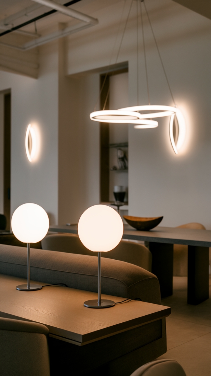 Modern lighting takes center stage in this impeccably styled room. The interplay of round lampshades, a dramatic chandelier, and wall-mounted sconces casts a warm glow, highlighting the beauty of clean lines and minimalist furniture. A space that's both inviting and incredibly chic.