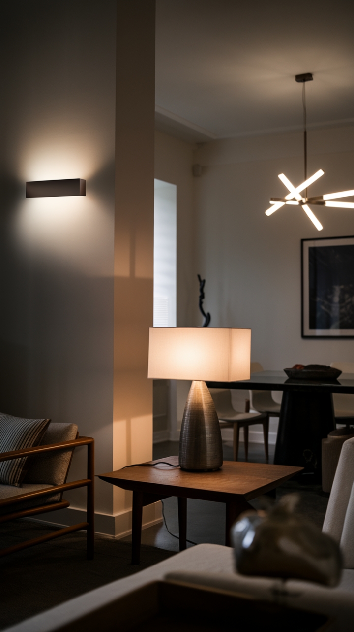 Illuminating elegance: A symphony of light dances across this minimalist haven, where sleek lines and carefully curated pieces create a space of understated sophistication. The interplay of a contemporary chandelier, a sculptural table lamp, and a strategically placed wall sconce transforms the ordinary into the extraordinary.