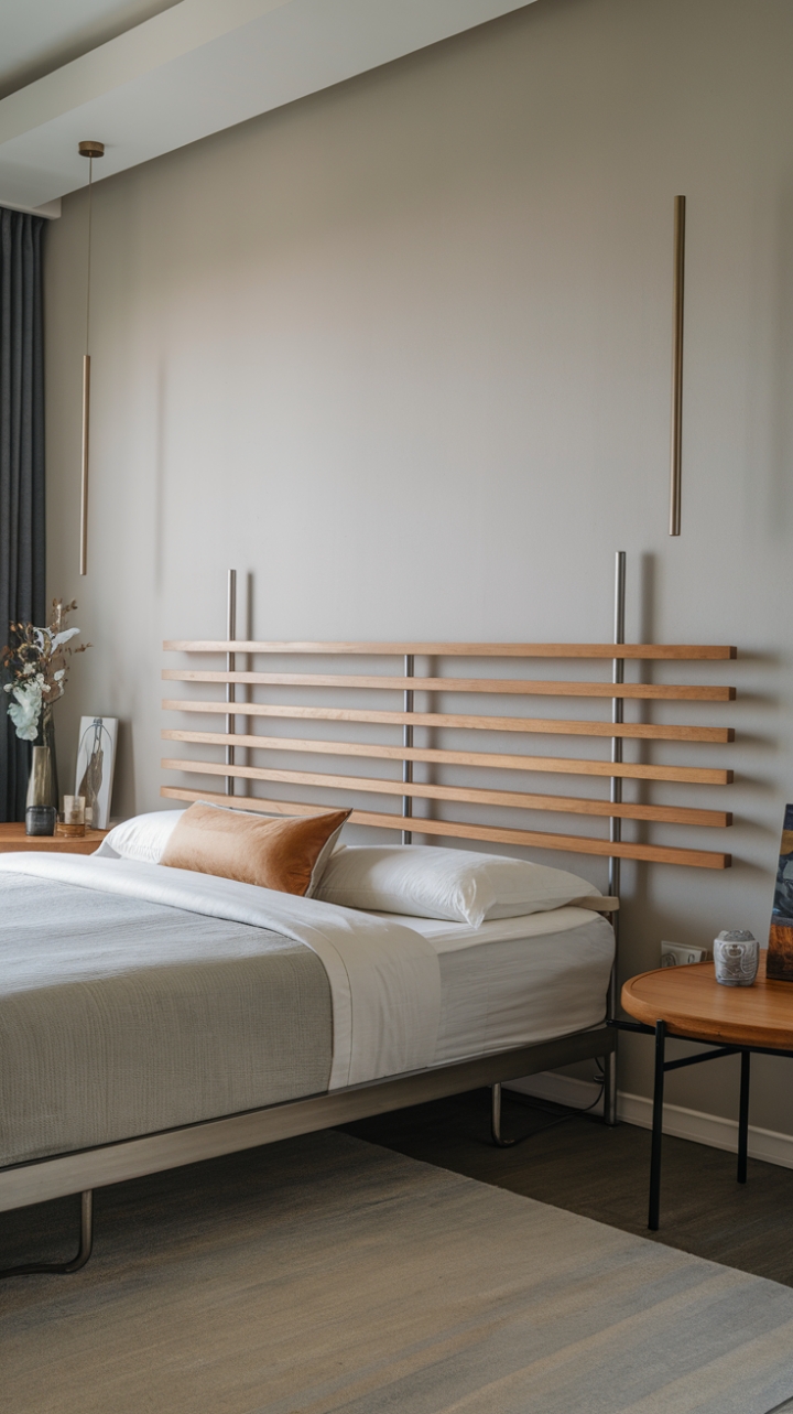 Indulge in the serenity of this contemporary haven. Subtle wood tones meet sleek metal in a minimalist masterpiece, creating a bedroom sanctuary that's both sophisticated and inviting. The calming gray walls provide the perfect backdrop for a restful retreat.
