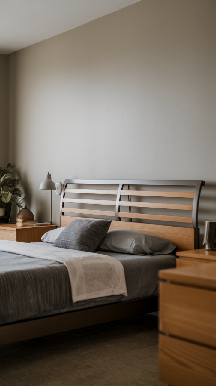 A harmonious blend of modern design and understated elegance defines this contemporary bedroom, where a sleek metal bed frame in matte black pairs seamlessly with a minimalist wooden headboard featuring delicate horizontal grooves. The light gray walls create a calming backdrop, while carefully selected furniture pieces, including a nightstand and dresser, enhance the room's functionality. Decorative touches like a chic lamp and a lush plant add warmth and character, making this space a perfect retreat for relaxation and style.