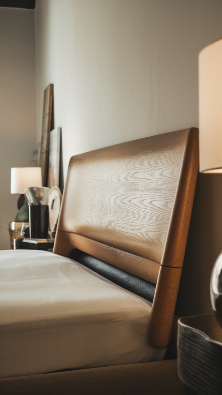 A serene oasis of style, this chic sleeping space showcases a contemporary wooden headboard with a graceful curve, harmonizing beautifully with the modern bed frame. The minimalist design of the bedroom, characterized by its crisp white walls and thoughtfully selected decorative accents, invites a sense of calm. Bathed in soft lighting, the room radiates warmth and comfort, making it an ideal sanctuary for relaxation and peaceful slumber.