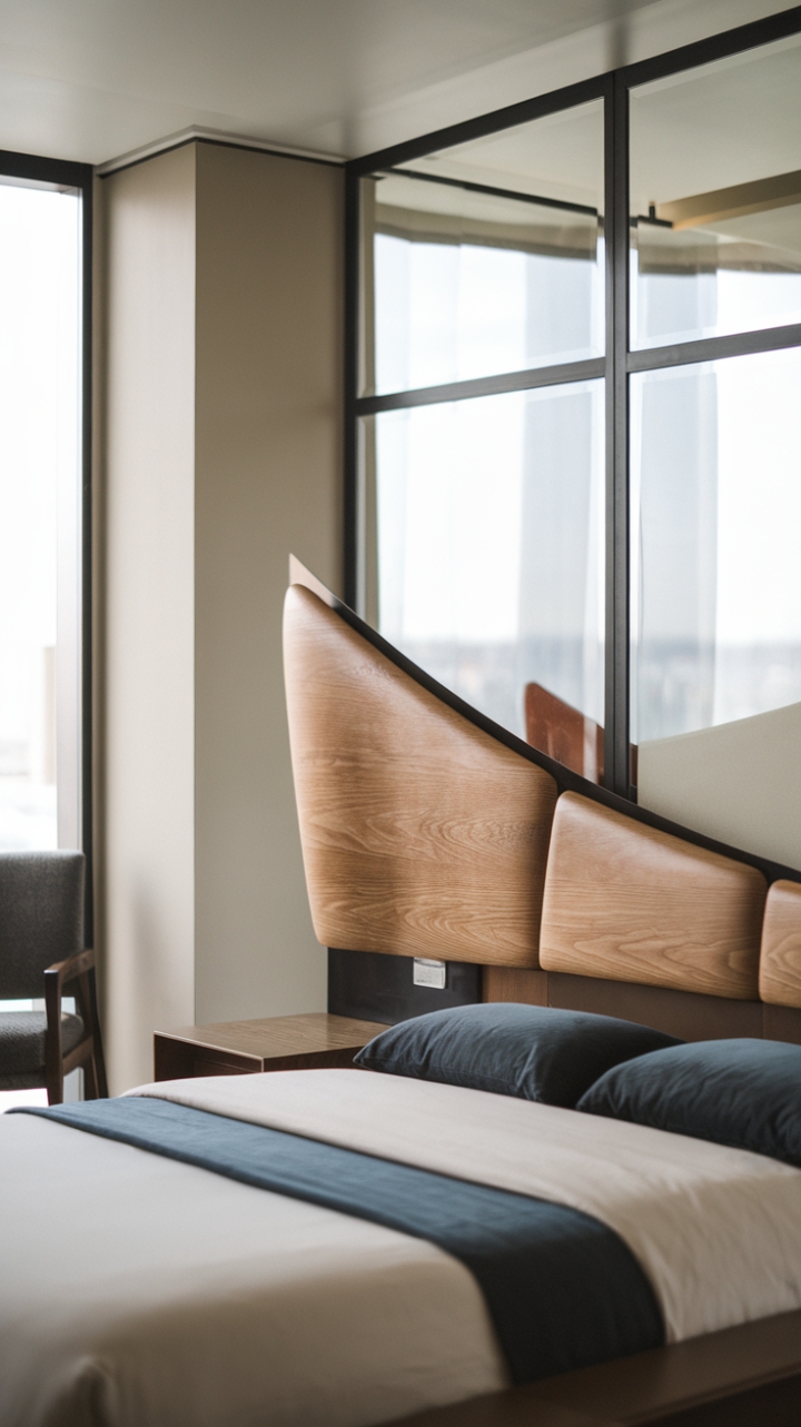 This sleek bedroom embodies the essence of modern minimalism, where every element harmonizes to create a serene retreat. The standout feature is the contemporary wooden headboard, with its unique curved design that adds a touch of artistry against the backdrop of a sunlit wall. The light-colored walls enhance the airy feel, while the stylish bed frame, paired with a chic chair and a small table, completes the sophisticated yet inviting atmosphere. This space is a perfect blend of comfort and elegance, showcasing innovative design ideas for a tranquil sleeping sanctuary.