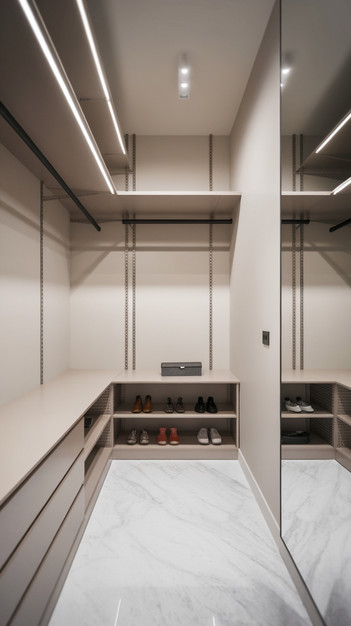 Unveiling a sanctuary of style: This minimalist walk-in closet redefines organized luxury. The pristine white marble floor reflects the soft light, highlighting the sleek built-in dresser and perfectly arranged accessories. A haven of calm and sophisticated storage awaits.