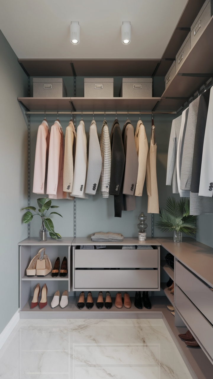 This contemporary walk-in closet is a stunning blend of minimalist design and functional elegance, showcasing a modern wardrobe that redefines organization. With sleek storage solutions including hanging rods, open shelves, and chic storage bins, every piece of designer clothing-from tailored suits to flowing dresses-finds its perfect place. The pristine white marble floor reflects the soft grey walls, creating a serene backdrop for the curated collection of shoes and accessories. A touch of greenery and a stylish lamp add warmth and personality, transforming this space into a personal sanctuary of style and sophistication.