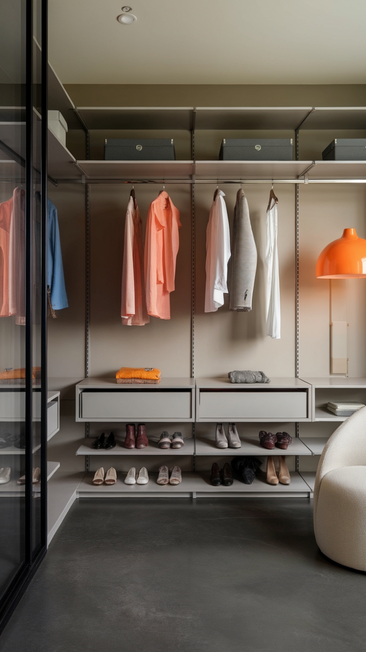 Embrace the allure of this contemporary walk-in closet, where minimalist design meets sophisticated organization. The subtle beige walls and rich dark gray floor create a calming atmosphere, while the modern wardrobe showcases a seamless blend of hanging rods and shelves for clothing, shoes, and accessories. An eye-catching orange lamp injects a vibrant touch, complemented by a sleek white chair that beckons for a moment of reflection. With a sliding glass door framing the space, this closet transforms into a luminous retreat, perfect for showcasing your personal style.