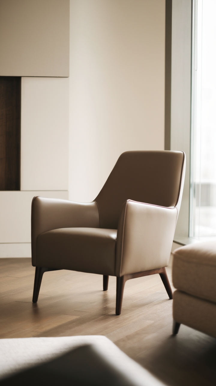 Nestled in a sunlit corner, this minimalist accent chair exudes a sense of calm and style, perfectly complementing the airy ambiance of the modern living room. With its sleek design and soft lighting, the space radiates a serene elegance, inviting you to unwind and enjoy the beauty of simplicity amidst carefully chosen furnishings.