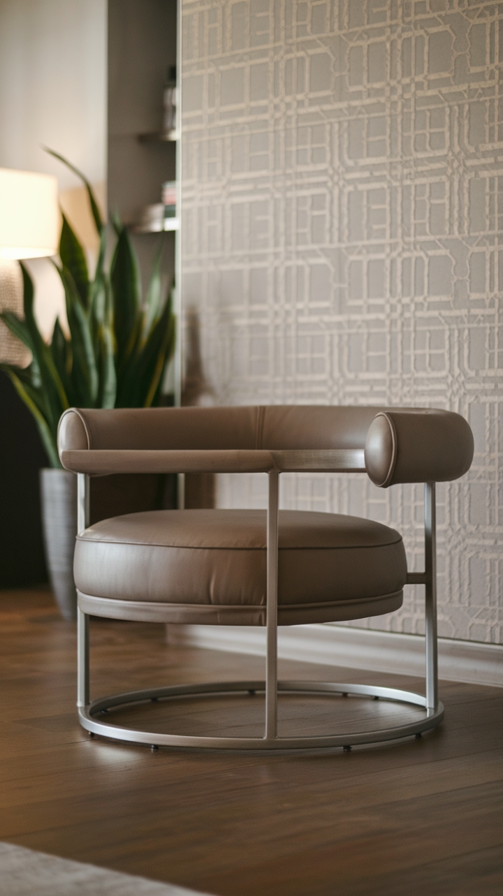 A symphony of textures and shapes: a sleek, circular armchair takes center stage, its minimalist form a captivating contrast to the patterned wall and the organic lines of the potted plant. Hardwood floors add a touch of warmth to this contemporary sanctuary.