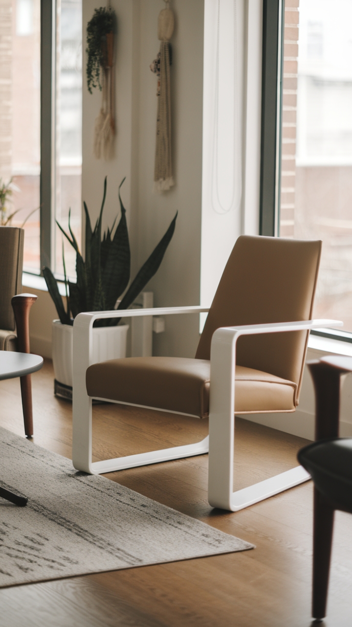 In this chic modern living room, the minimalist armchair stands out with its crisp white frame and cozy beige cushion, harmonizing beautifully with the warm hardwood floors and the inviting area rug beneath. Placed strategically by the window, it captures the essence of contemporary design while offering a serene spot to unwind. The room is thoughtfully arranged with a stylish table and an additional chair, complemented by a lush plant that adds a splash of greenery, while the wall art introduces an element of creativity, making this space a perfect blend of comfort and style.