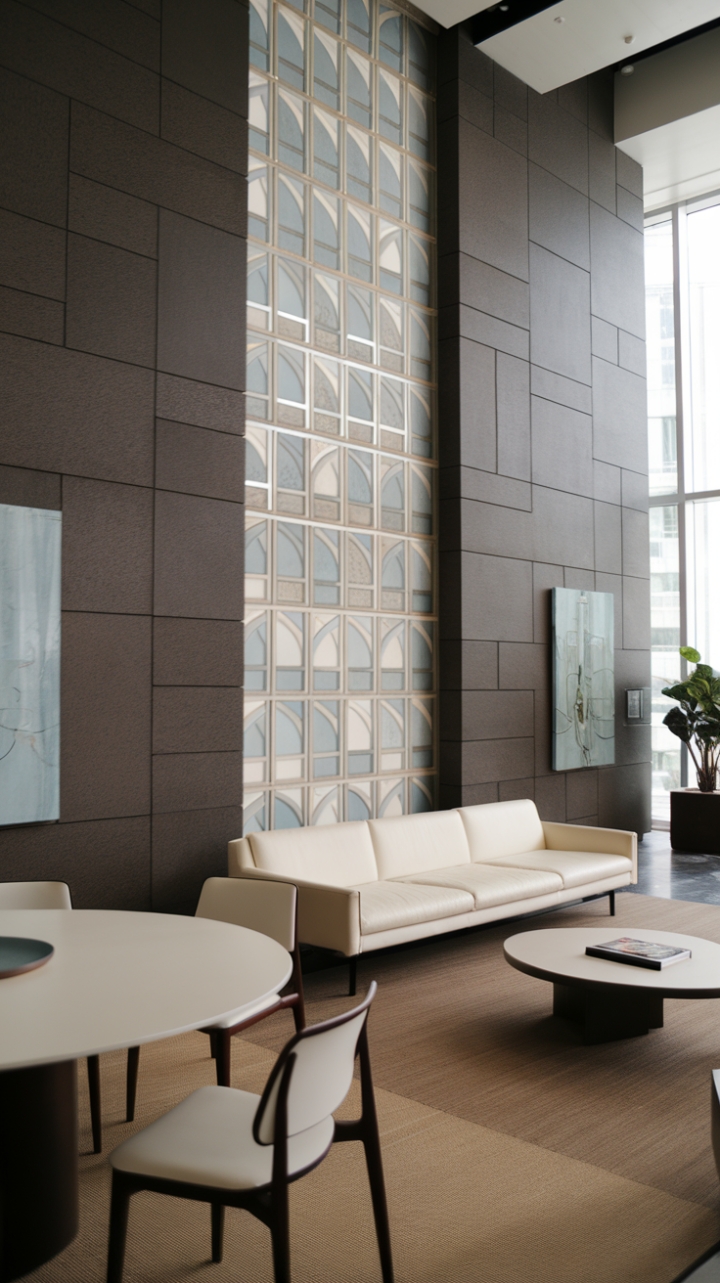 Sculptural grey wall paneling punctuated by a vibrant geometric accent creates a dynamic backdrop for this serene minimalist living room. The clean lines of the white sofa and round coffee table, complemented by pops of greenery and carefully curated art, achieve a sophisticated yet inviting atmosphere. A perfect blend of texture and tranquility.