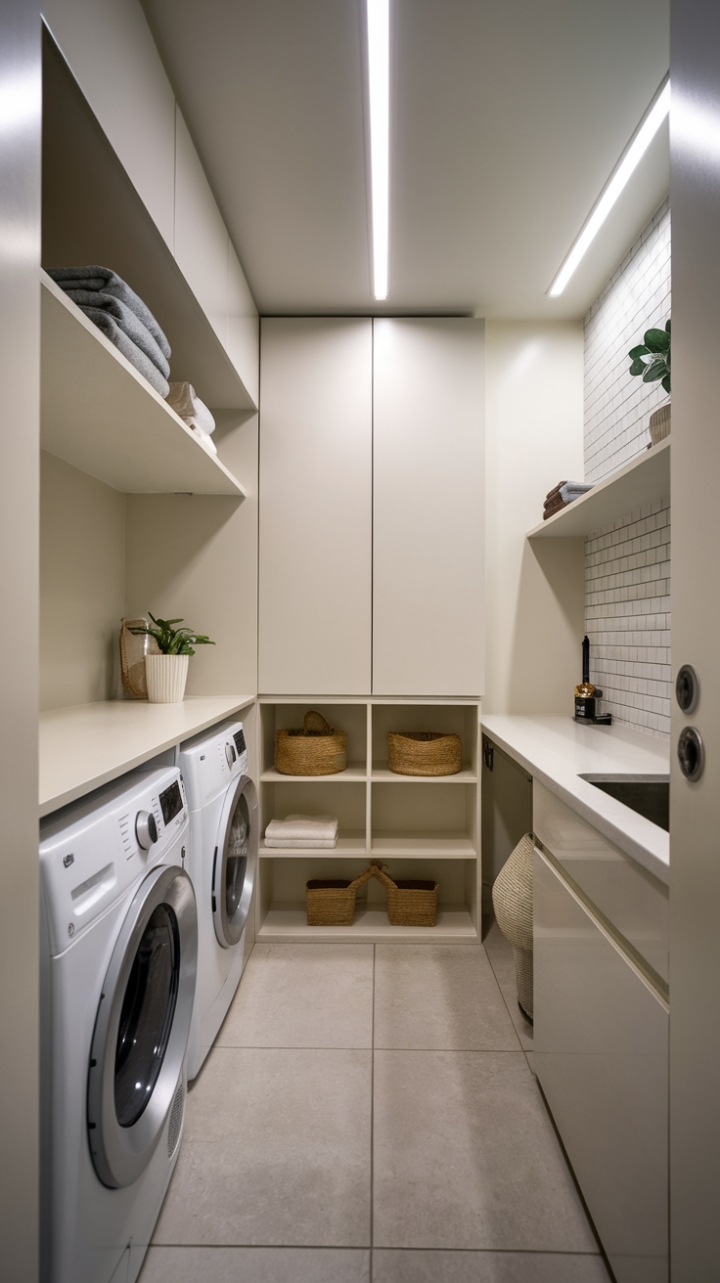 This innovative laundry room design proves that practicality and style can coexist beautifully. White walls, minimalist cabinetry, and a thoughtfully designed layout create a calming and efficient space where functionality meets high design. A true testament to modern living.