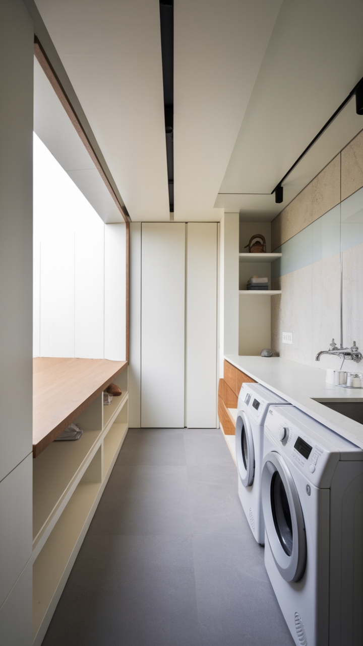 This contemporary laundry room redefines functionality with its chic modern design, showcasing a sleek washer and dryer that blend seamlessly into the minimalist aesthetic. The crisp white color palette is beautifully complemented by warm wood accents, while a spacious countertop with an integrated sink offers both practicality and style. Bathed in natural light from a large ceiling window, the room feels open and inviting, with gray tile flooring that adds a touch of sophistication to this essential space.