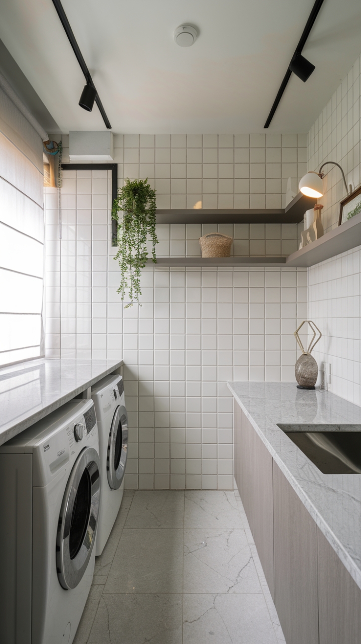 Pure, modern bliss. This laundry room redefines utility with its sleek aesthetic. Imagine the quiet satisfaction of folding laundry amidst this bright, airy haven, where a grey marble countertop and minimalist shelving add a touch of understated luxury to everyday chores.