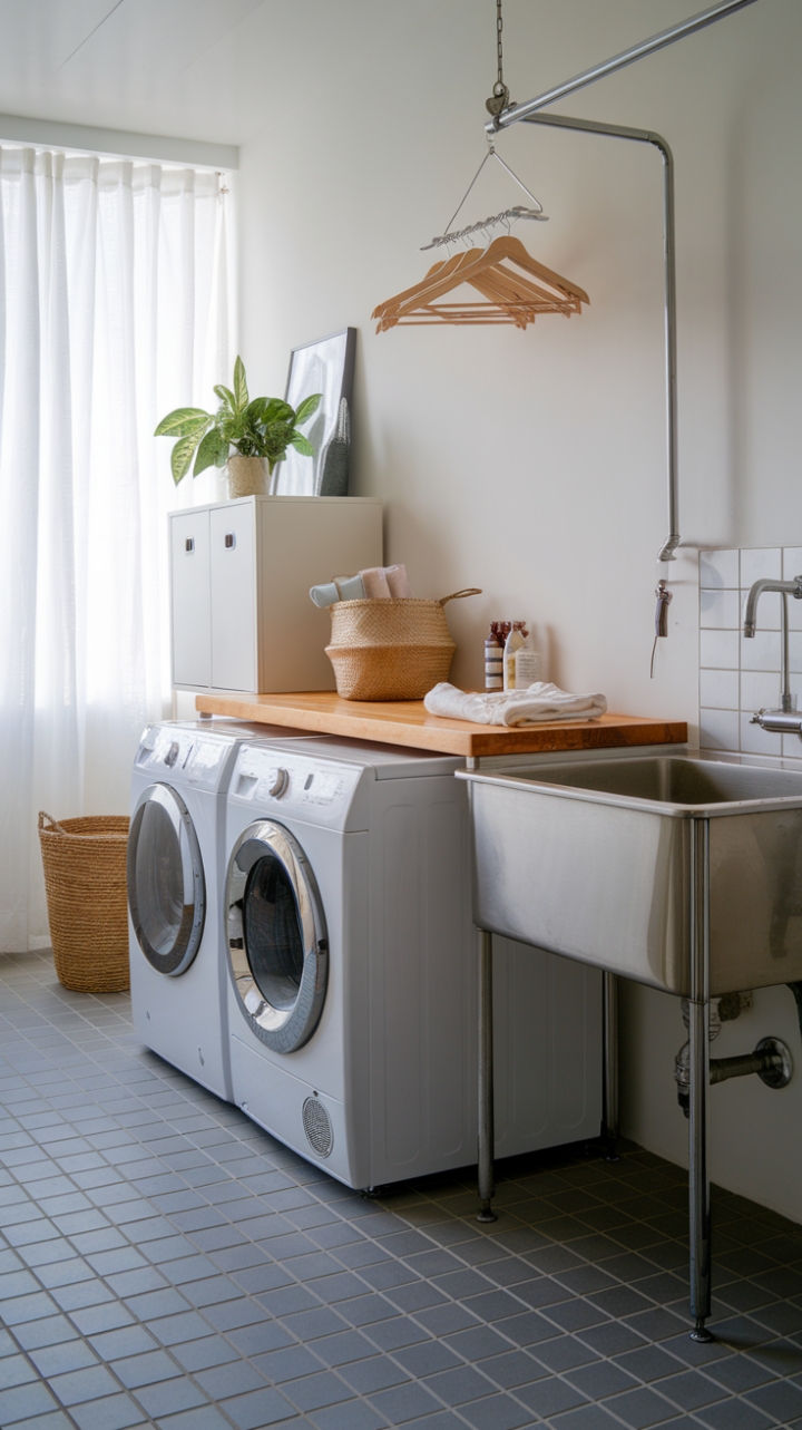 Reimagine laundry day in this serene, contemporary space. Clean lines, a calming palette, and smart storage solutions transform a utilitarian room into a haven of minimalist chic. The warmth of the wood countertop beautifully complements the sleek stainless steel and crisp white appliances, while the grey tile floor adds a touch of understated elegance. A perfect blend of form and function.