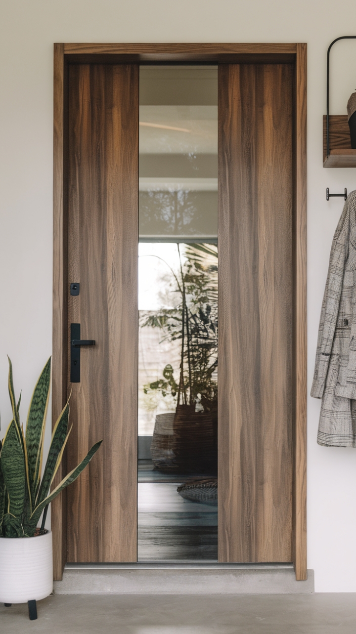 Beyond the threshold of style: A sleek, contemporary door, its glass panel a window to understated luxury, sets the tone for a home where modern design reigns supreme. The carefully chosen accents – a verdant plant, a minimalist coat rack – complete the picture of refined living.